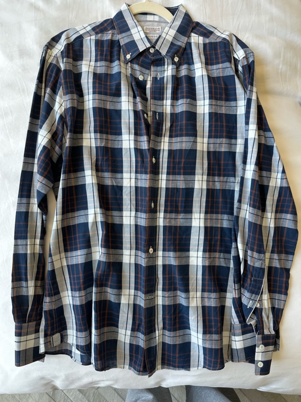 Brunello Cucinelli Navy, White & Brown Plaid Button-Down Shirt